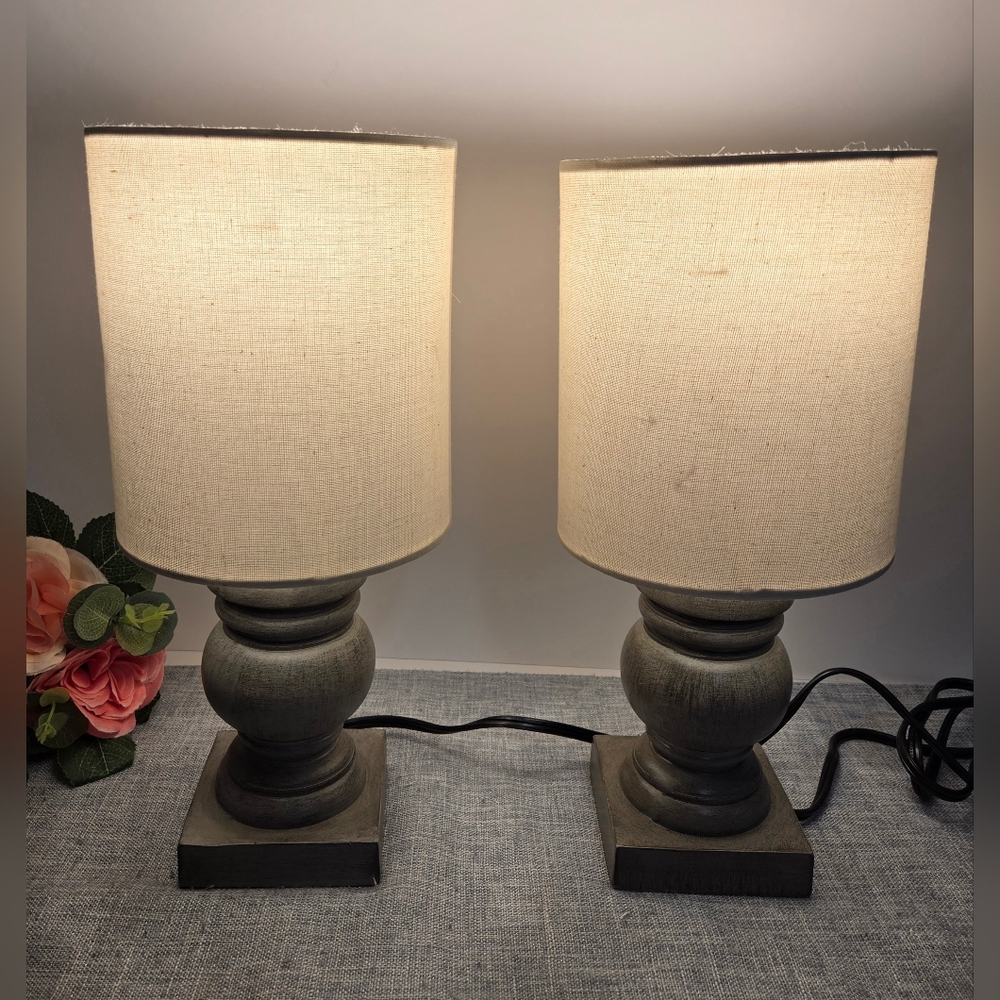 Set Of Wood Finish Grey Mini Lamps, Polyresin 12.75", Rustic Design